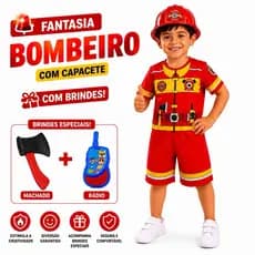 Fantasia Bombeiro Infantil com Capacete e KIT BRINDE