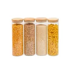 Kit 4 potes de vidro redondo com tampa de bambu herméticos para mantimentos 300ml