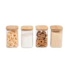 Kit 4 potes de vidro ( quadrado )com tampa de bambu herméticos para mantimentos 300ml