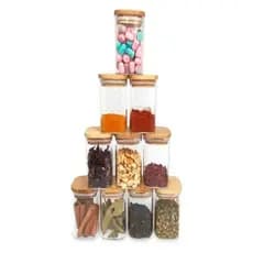 Kit Pote De Vidro Hermético Quadrado 200ml com Tampa de Bambu - 10 Pçs