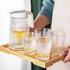 Jogo Conjunto Jarra Vidro 1,2L C/ 4 Copos 230ML Água Suco Transparente