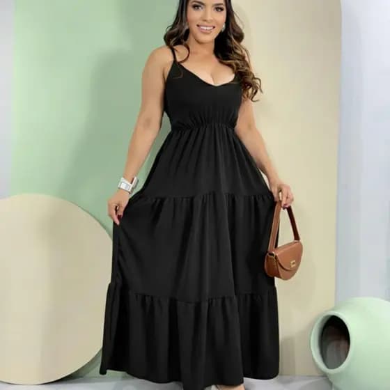 Vestido Longo Feminino Duna Elástico nas Costas Alça Regulável  Elegante e  Casual Envio Rápido