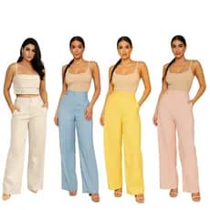 Calça Pantalona Feminina Wide Leg em Linho com Bolso