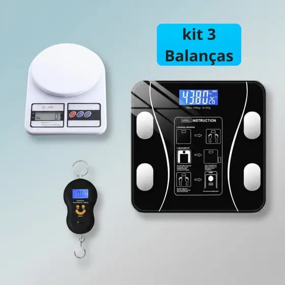 Kit Balança Digital Bioimpedância Corporal App Bluetooth 180kg + Balança de Cozinha 10kg + Balança Mala Gancho 50Kg
