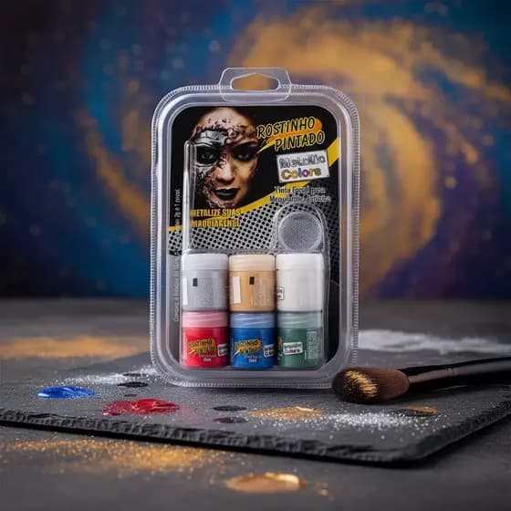 Kit Pintura Facial Tinta Metálicas 6 cores + Pincel + Gliter