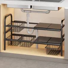 Prateleira organizadora de cozinha sob a pia, prateleira expansível com painéis removíveis para panelas e potes