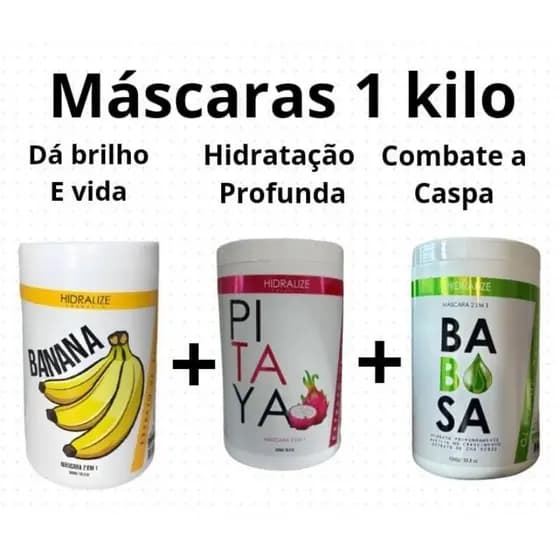 Kit Máscaras de Banana+ Pitaya+ Babosa 1 KG Hidralize Brilho e Maciez