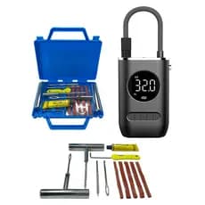 Kit Mini Compressor Portátil Bomba de Encher Pneu + Kit Reparo Pneus Profissional