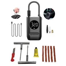 Mini Compressor Portátil Calibrador Bomba De Encher Pneu + Kit Reparo Pneu Metal Profissional 9Pçs