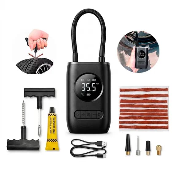 Kit Pneus Mini Compressor Portátil + Reparo de Pneu Macarrão