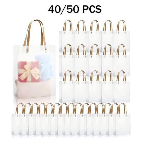 40/50 Sacola De Presente Transparente Fosco de PVC com  Alça Fibra para Lembrancinha Presente