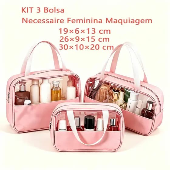 Kit 3 Bolsas Necessaire Feminina PU Transparente Impermeável 3 Tamanhos Maquiagem com Alça para Viagem Hotel Academia