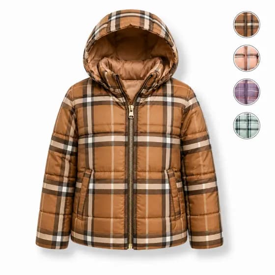 Jaqueta Puffer Infantil para Menina Xadrez Com Capuz Removível Cintura Ajustável