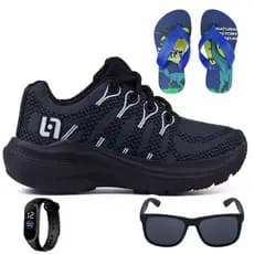 Kit para Meninos Infantil: Tênis Básico e Estiloso Preto + Chinelo + Relógio e Óculos