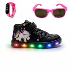 Conjunto Botinha Menina Cano Alto com Led de Unicórnio Mágico + Relógio e Óculos Infantis