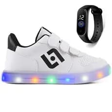 Tênis Infantil com LED na Sola para Meninos de Velcro Básico e Casual + Relógio Digital