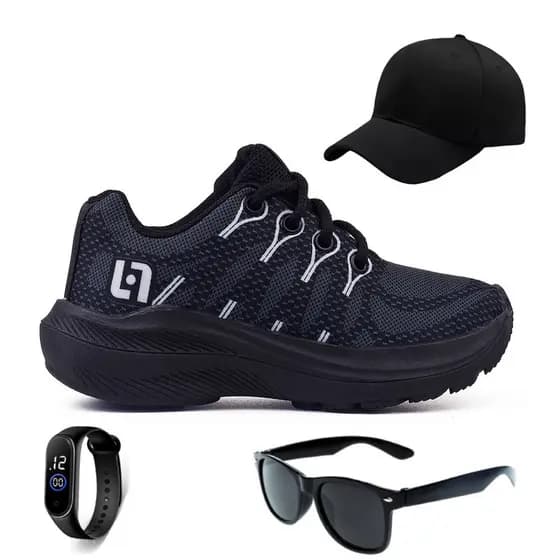 Kit de Tênis Infantil para Meninos Preto Básico e Confortável + Óculos+ Boné e Relógio