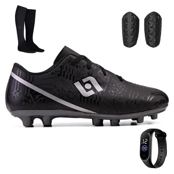 Kit Chuteira Infantil Trava Futebol Campo Costura Reforçada + Meião Relógio e Caneleira