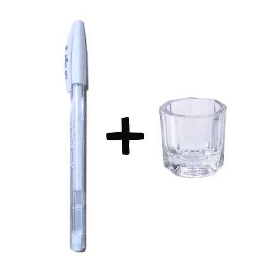 Kit Caneta gel branca para marcação e designer de sobrancelhas + Copo dappen de vidro