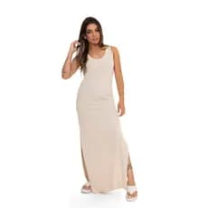Vestido Longo Feminino Regata Básico Estonado Malha Confortável com Fenda Lateral