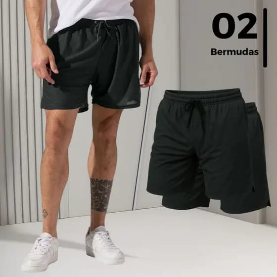 Kit 2 Bermuda Short 2 em 1 Compressão Masculino Bolso Interno Cordão Ajustável Tecido Respirável