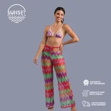 Calça Pantalona Feminina em Crochê Saída de Praia com Amarração no Cós e Ponteiras Douradas