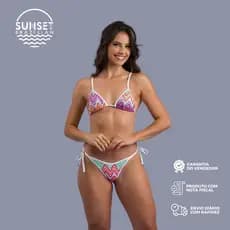 Biquíni Cortininha Estampado Feminino com Bojo Removível Renda Crochê e Detalhes Dourados