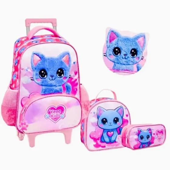 Kit Mochila Escolar De Rodinha Menina Grande Glitter Gatinha Infantil Lancheira Estojo 5388