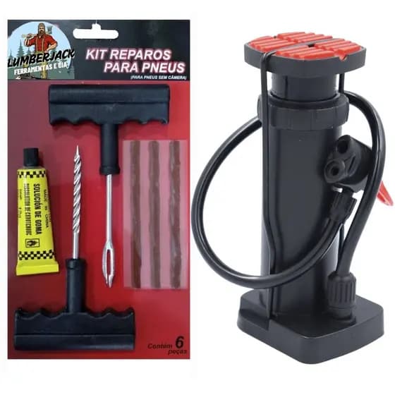 Kit Reparo de Pneu sem Camara + Bomba de ar para Motos e Carros - Simples e Prático