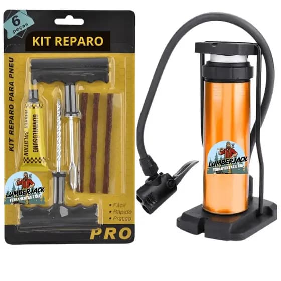 Kit Reparo de Pneu sem Camara + Bomba de ar para Motos e Carros - S.O.S