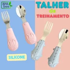 Kit Garfo e Colher para Bebê Talher Silicone Aço Escola Infantil