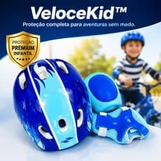Kit Proteção Infantil Completo 7 Peças VeloceKid™ Capacete Joelheira Cotoveleira Azul Ajustável