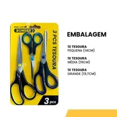 Kit 3 Tesouras Aço Inoxidável Resistente Multiuso Corte Costura Arte Tesourinha Escolar Escritório Grande Média Pequena