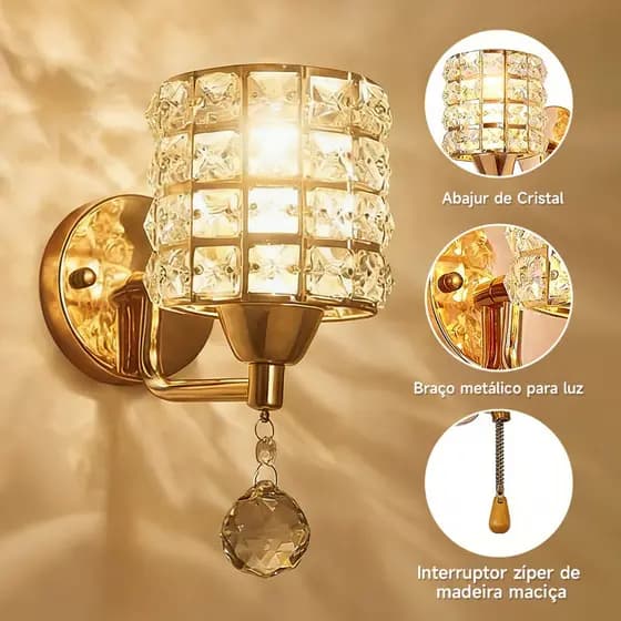 💎💡Kit 2/4/8 Arandelas de Parede Douradas arandela de cristal Luxuosas e Modernas Decoração para Quarto Sala e Corredor