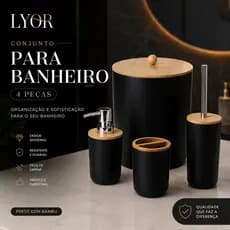Kit Banheiro 4 Peças Preto com Madeira | Lixeira, Porta Sabonete, Dispenser, Copo, Porta Escova e Escova Sanitaria