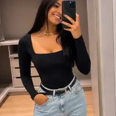 Body Collant Feminino Manga Longa Com Decote Tendência Moda Blogueira Outono Inverno Bory Bori