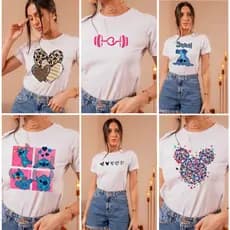 Blusa Feminina Brancas Diversas Estampa Baby Look Varias Estampas Camiseta Feminina T-shirt 100% Algodão Promoção