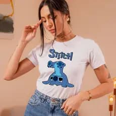 Blusa Feminina Baby Look Stitch Lilo Lançamento Filme 2025 Cabeça Pra Baixo Estampada Camiseta Algodão 100% Premium