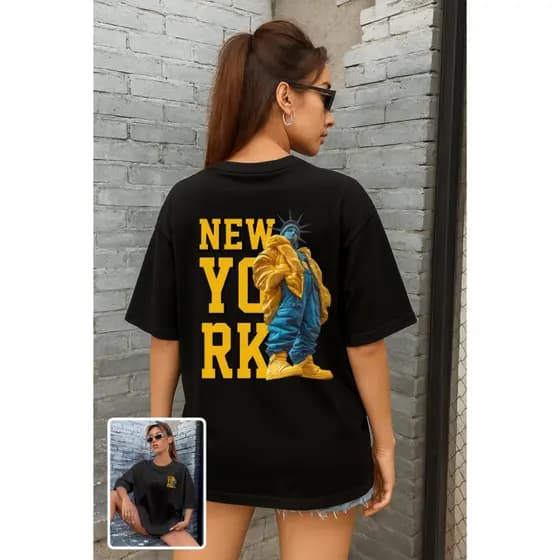 Camiseta Feminina Streetwear 100% Algodão Estampada New York Estatua Amarela COSTA Camisa Unissex Premium LANÇAMENTO