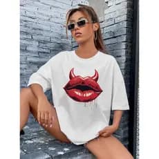 Camiseta Feminina Streetwear 100% Algodão Estampada Boca Chifrinho Tumblr Camisa Unissex Premium PROMOÇÃO