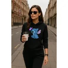 Blusa De Frio Feminina Stitch Borboleta Moletom Outono Bolso Canguru Com Capuz Flanelado Tecido Algodão