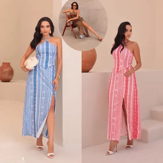 vestido feminino longo estilo gola halter com fenda