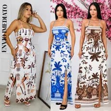 Vestido Longo Feminino Elegante Estampado com Fenda e Caimento Fluido