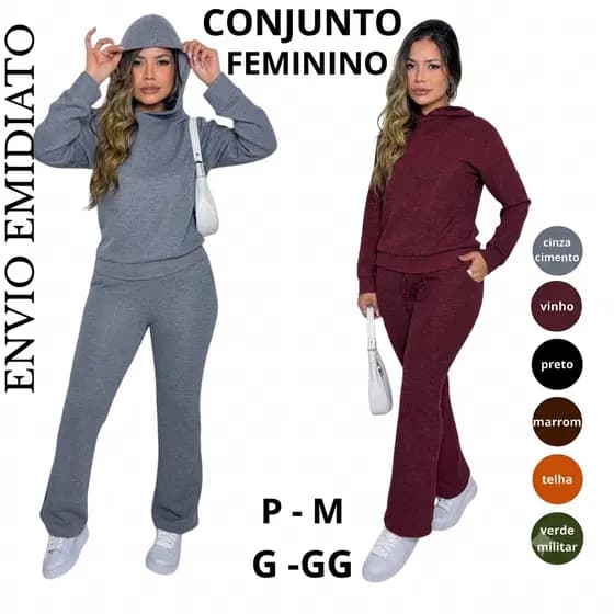 Conjunto Feminino Malha Rib, blusa com capuz Inverno, 2 Peças Blusa e calça
