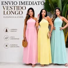 Vestido Longo Feminino Gola Halter com Saia Fluida – Tendência 2026