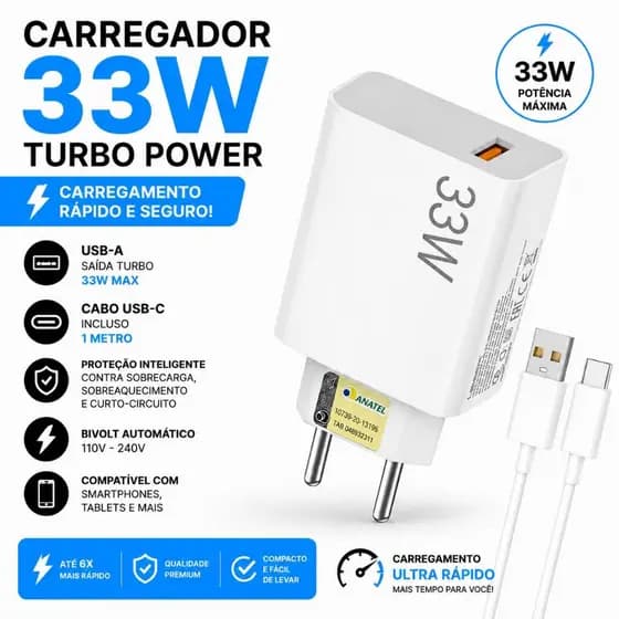 Carregador Lehmox 33w Compatível Xiaomi Motorollla Samsnng  Turbo Power Original Mi8 Mi9 Redmi Tipo-C 13C Note 13 POCO