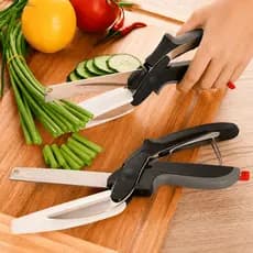 Kit 2 Tesoura Corta Alimentos 2 em 1 Faca e Tábua Aço Inox Multifuncional Prática Promoção