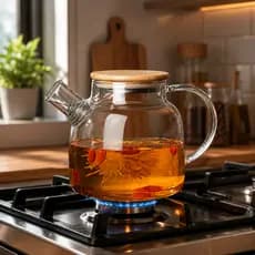 Chaleira de Vidro Borossilicato 1 Litro com Infusor Inox Tampa de Bambu para Chá e Café Premium
