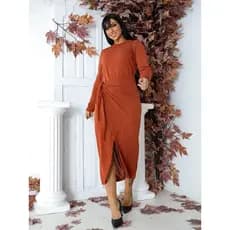 Vestido Midi Feminino de Lã Manga Longa Com Fenda Frontal e Amarração na Cintura Elegante Premium