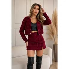 Conjunto Feminino Cropped Blazer e Short Saia Xadrez Cintura Alta Moda Inverno Elegante